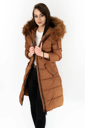 DŁUGA PIKOWANA KURTKA DAMSKA ZIMOWA Z KAPTUREM RUDA (7751)