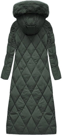 Długa damska kurtka zimowa z kapturem butelkowa zieleń (7688)