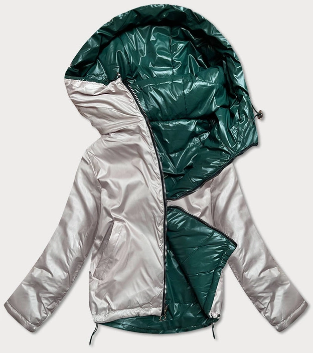 Krótka dwustronna kurtka damska zielony/beż (bh-2204big)