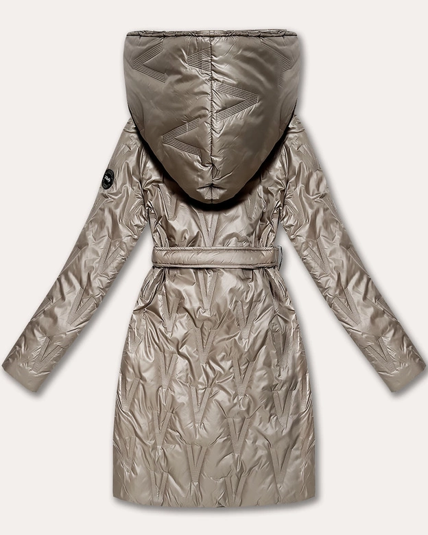 Pikowany płaszcz damski z paskiem S'West beżowy (B8508-12)