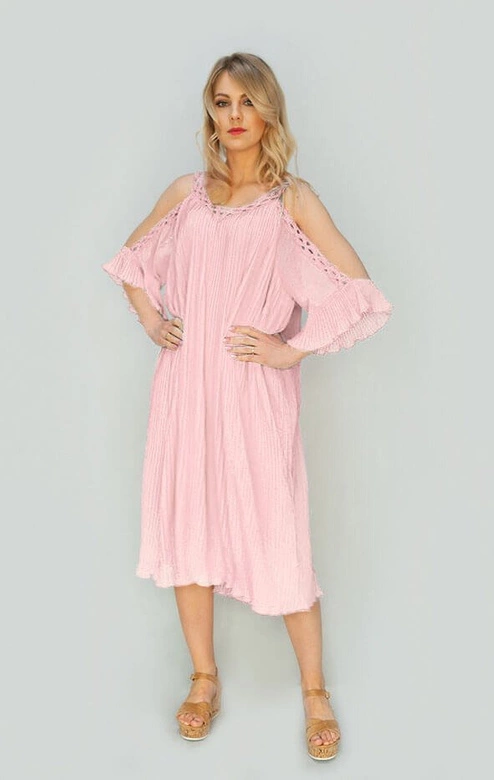 PLISOWANA SUKIENKA Z WYCIĘTYMI RAMIONAMI ŁOSOSIOWA (342ART)