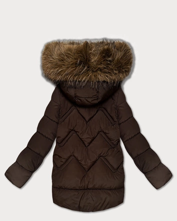 Puchowa zimowa kurtka damska z dużym kapturem brązowa (KK60589)