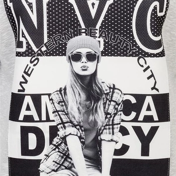 DŁUGA BLUZA Z NADRUKIEM SZARY MELANŻ (GOOD3)