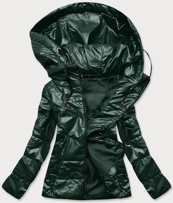 BŁYSZCZĄCA DAMSKA KURTKA Z KAPTUREM BUTELKOWA ZIELEŃ (B9751)