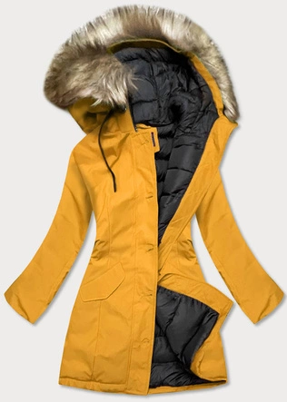 Zimowa kurtka damska z kapturem żółta (j9-065)