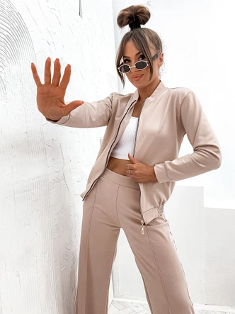 Komplet damski szerokie spodnie i bluza bomberka jasnobeżowy (82105)