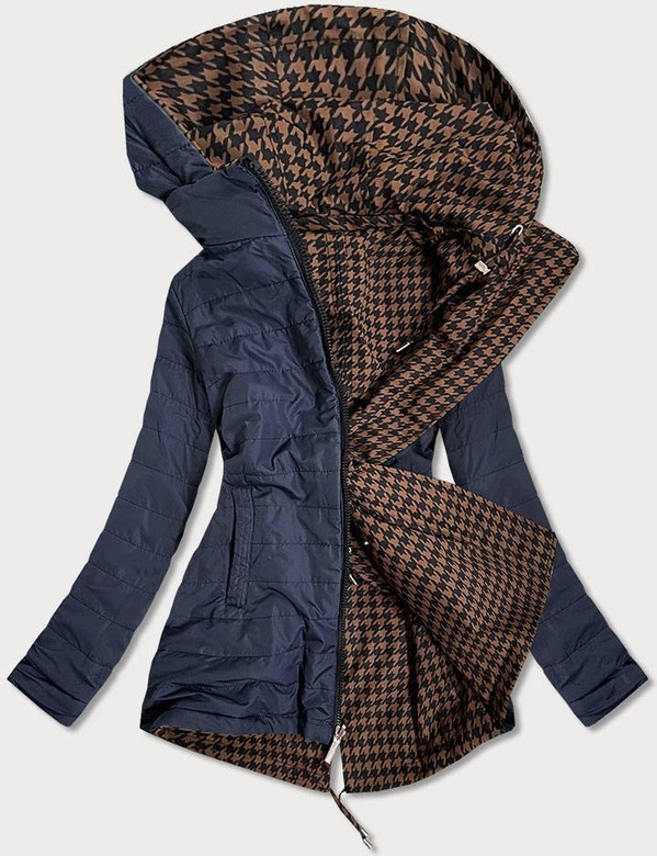 DWUSTRONNA KURTKA DAMSKA PEPITKA BRĄZOWO-GRANATOWA (W506)