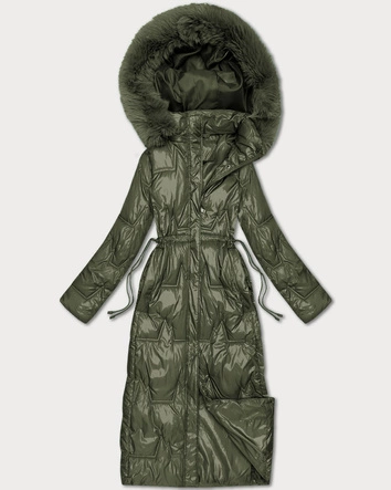 Długa pikowana damska kurtka zimowa khaki (T2-2221#-22)