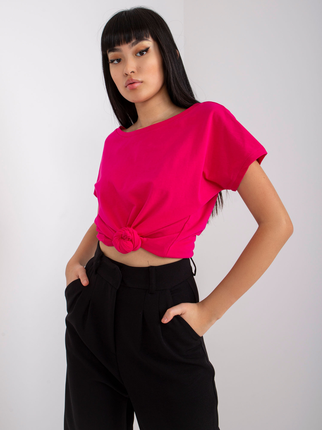T-shirt basic z dekoltem z tyłu Feel Good fuksja (4662-03X)
