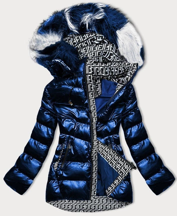 Błyszcząca kurtka zimowa z wzorzystymi wstawkami niebieska ciemna (xw809x)