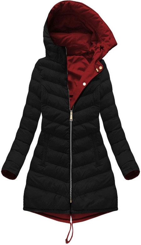 DWUSTRONNA DAMSKA KURTKA ZIMOWA Z KAPTUREM BORDOWO-CZARNA (W632)
