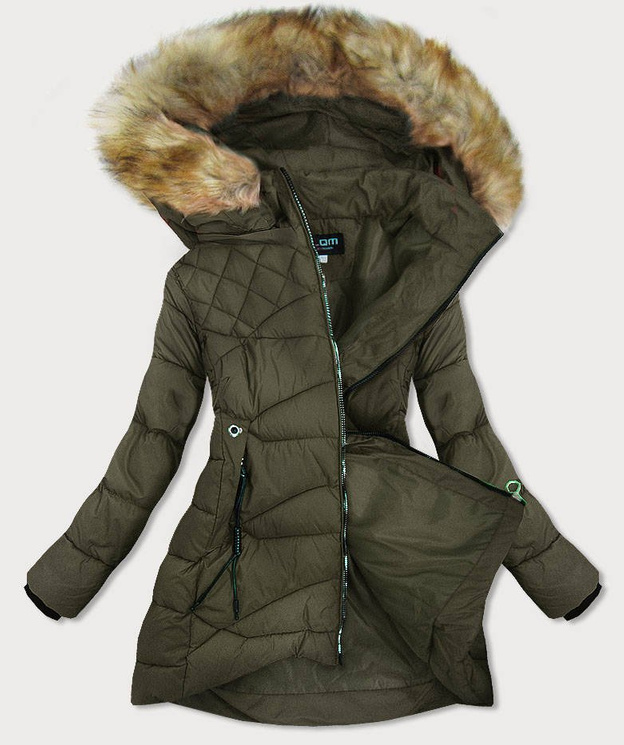 PIKOWANA DAMSKA KURTKA Z KAPTUREM KHAKI (808BIG)