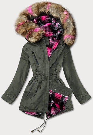 Zimowa parka damska z kapturem khaki-róż (d-238#)