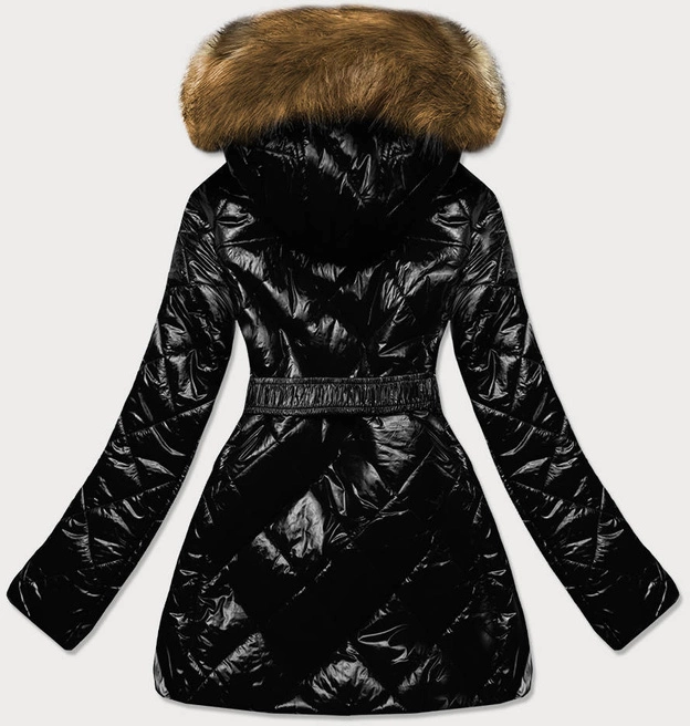 Błyszcząca kurtka zimowa na misiu czarny/brąz (w756)