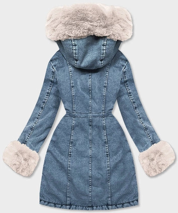 Damska kurtka jeansowa na futrzanej podszewce niebieski-ecru (B8068-50046)