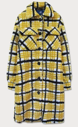 PLUSZOWY DAMSKI PŁASZCZ W KRATĘ ŻÓŁTY (002)