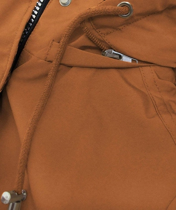 DWUSTRONNA PARKA DAMSKA Z KAPTUREM KARMELOWA W KROPKI (W354-1BIG)