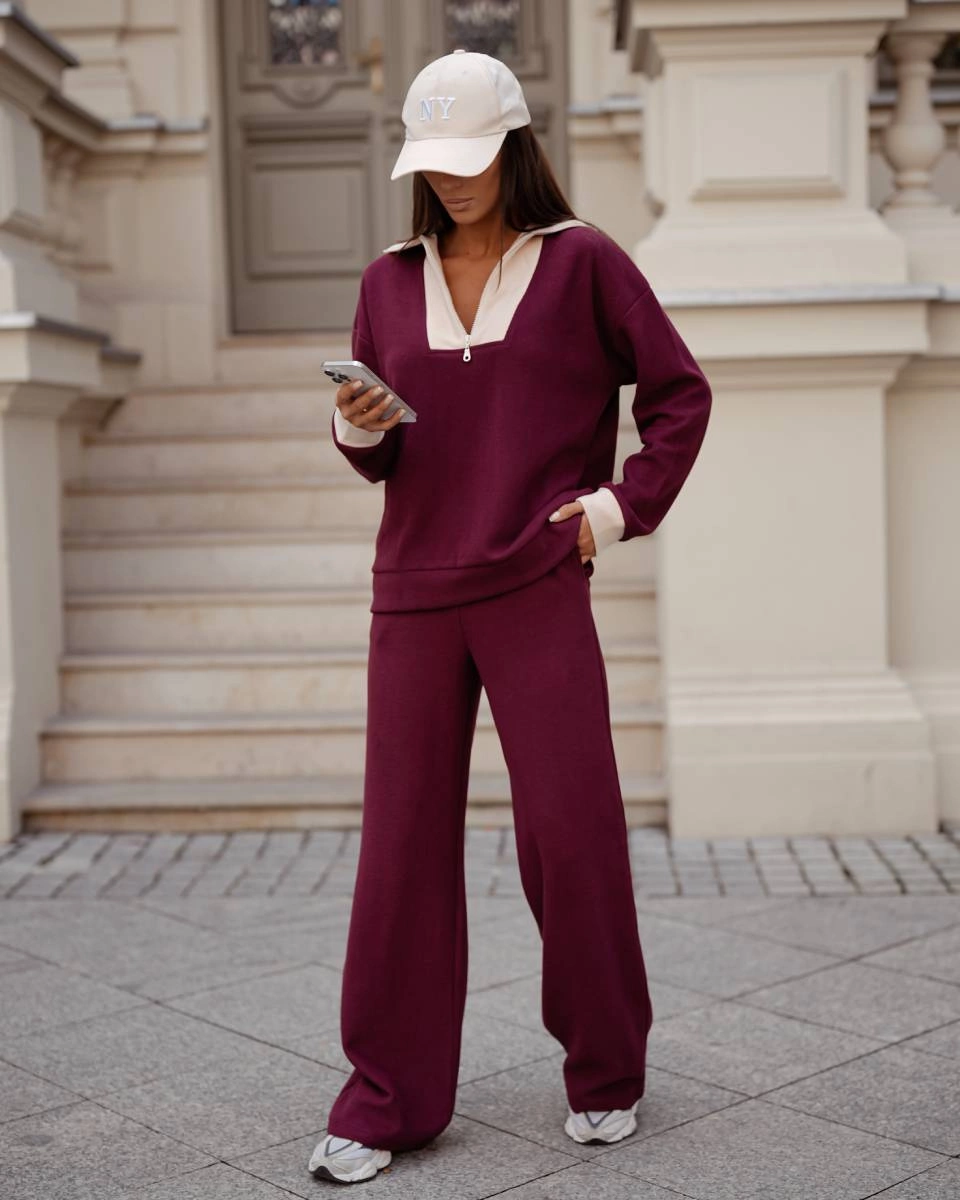 Bluza ze stójką i szerokie spodnie z kieszeniami bordo (VE107)