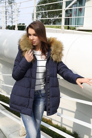 KURTKA Z PUCHEM NATURALNYM GRANATOWA (8062)