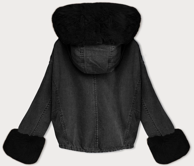 Krótka damska kurtka jeansowa na futrzanej podpince S'West czarna (B8047-101)