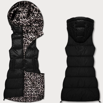 Gruba kamizelka dwustronna z odpinanym kapturem czarny-panterka (T5-2602#-1)