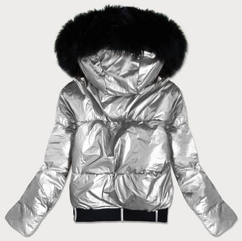DAMSKA BŁYSZCZĄCA KURTKA Z KAPTUREM SREBRNA (8297)