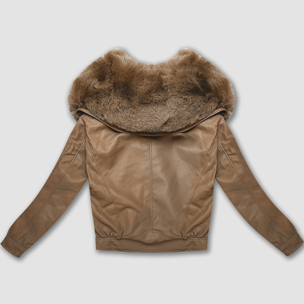 Skórzana kurtka z dużym futrzanym kołnierzem Glakate camel (LU98090#)