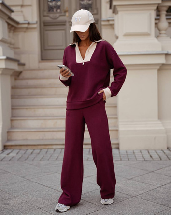 Bluza ze stójką i szerokie spodnie z kieszeniami bordo (VE107)