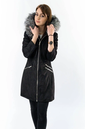 ZAMSZOWA DAMSKA KURTKA ZIMOWA Z KAPTUREM CZARNA (6516)