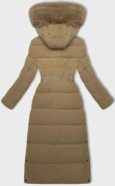 Długa gruba kurtka płaszcz z paskiem beżowa (WD202306)