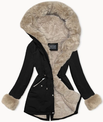 Krótka parka zimowa na futerku czarny-beż (16M9062-392B)