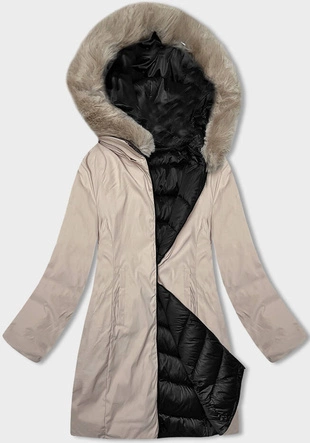 Zimowa dwustronna kurtka damska z kapturem czarny-beż (B8203-1046)