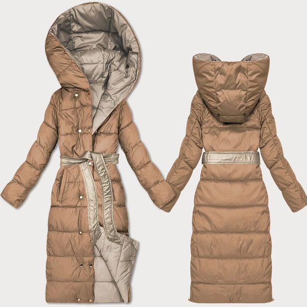 Dwustronna zimowa kurtka z paskiem Minority beż-brąz (M2-6519-62+301)