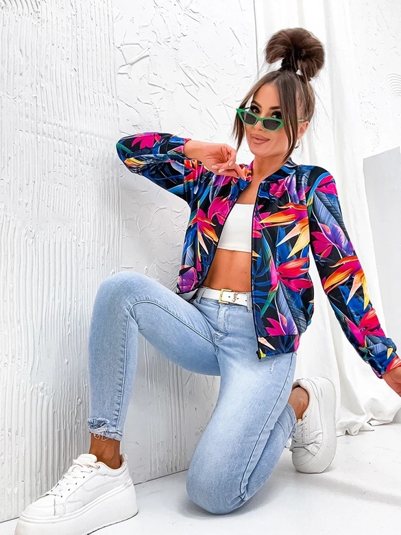 Welurowa bluza typu bomber czarna-wielokolorowa (707S)