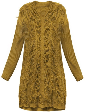 CIEPŁY SWETER Z FRĘDZLAMI MUSZTARDOWY (155ART)