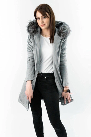 ZAMSZOWA DAMSKA KURTKA ZIMOWA Z KAPTUREM SZARA (6516)