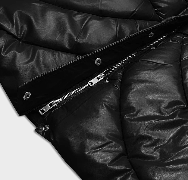 Luźna kurtka zimowa damska ze skóry ekologicznej czarna (AG2-J90)