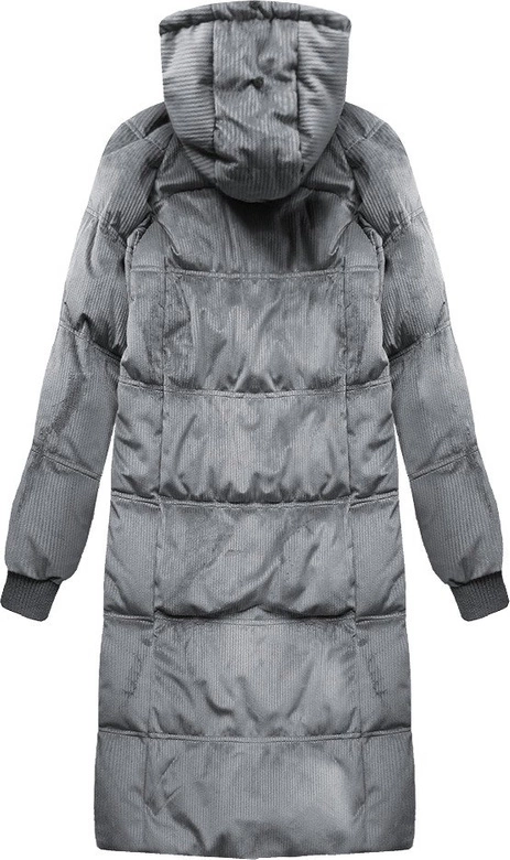 Zimowa sztruksowa kurtka damska z kapturem szara (7763)