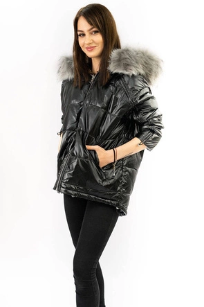 DWUSTRONNA METALICZNA KURTKA DAMSKA CZARNO-SREBRNA (GWW1908)