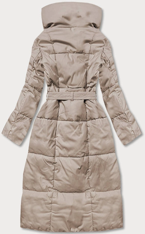 Zimowy płaszcz damski z paskiem jasny beż (2M-061)