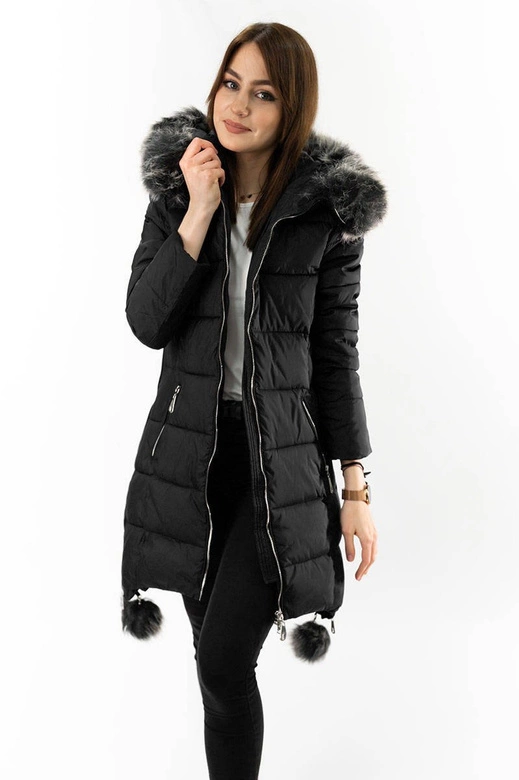 KURTKA DAMSKA ZIMOWA Z WYDŁUŻONYMI BOKAMI CZARNA (GWW1716X)
