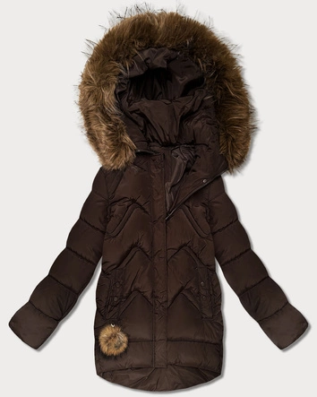 Puchowa zimowa kurtka damska z dużym kapturem brązowa (KK60589)