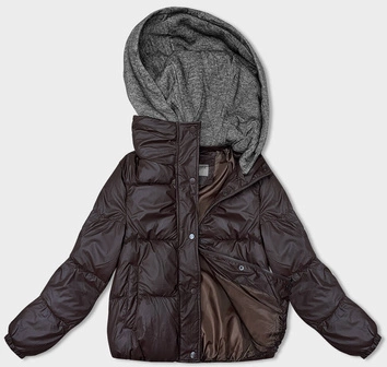 Zimowa kurtka damska z dzianinowym kapturem brązowa (B8213-14)