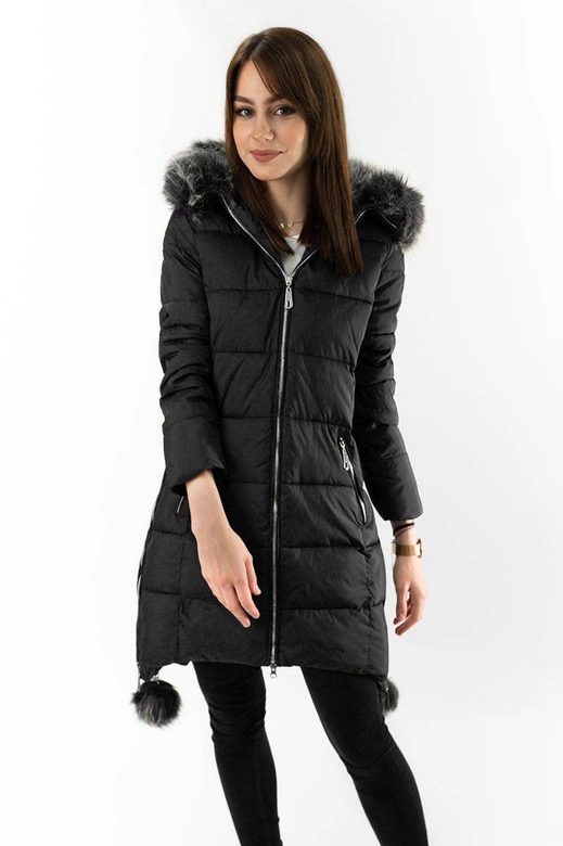 KURTKA DAMSKA ZIMOWA Z WYDŁUŻONYMI BOKAMI CZARNA (GWW1716X)