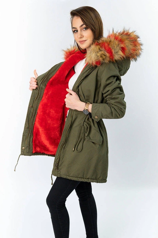 Kurtka parka damska zimowa khaki-czerwona (x619x)