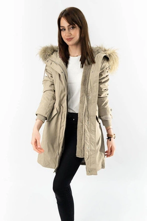DAMSKA PARKA ZIMOWA Z PODPINKĄ I KAPTUREM BEŻOWA (7600)