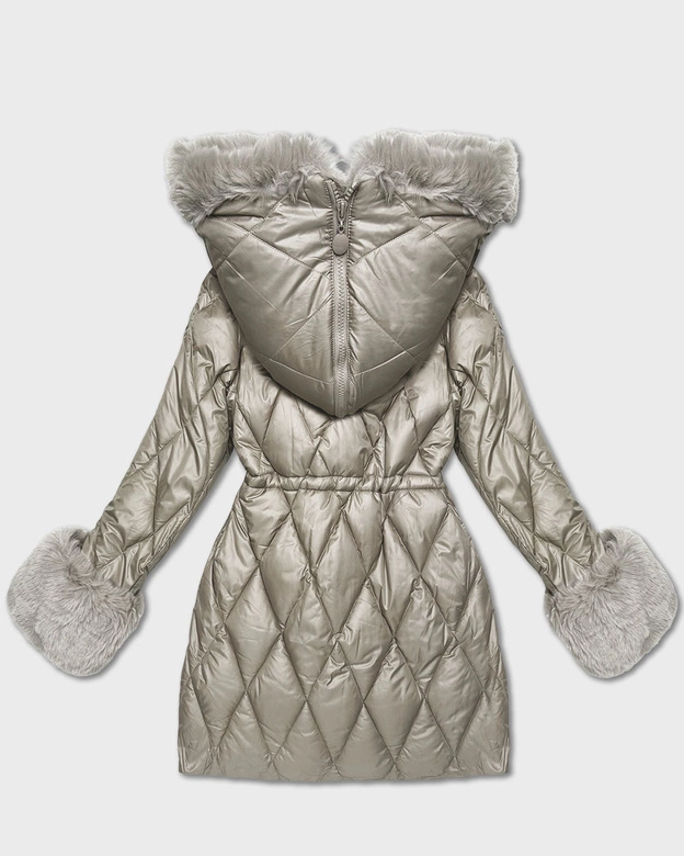 Kurtka z futrzanym kapturem tworzącym kołnierz beżowa (T3-2635#-62)