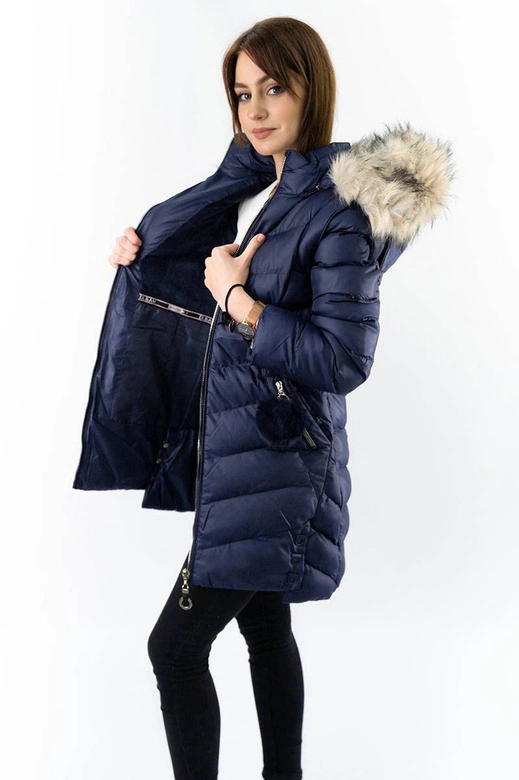 Zimowa kurtka damska z odpinanymi rękawami granatowa (w761)