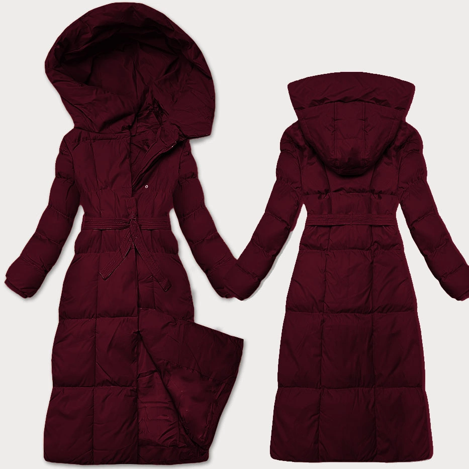 Zimowa damska kurtka z paskiem J Style bordowa (5M3227-1)