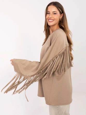 Luźna bluza damska z frędzlami ciemny beżowy (21695)